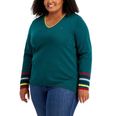 Tommy Hilfiger Women Forest Green Ivy Rainbow-Cuff V Neck Sweater Plus Size  0X