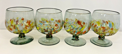 Set 4 Crate & Barrel Mexico Blown Glass Brandy Snifters Confetti Goblets