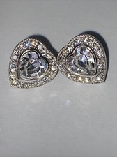 Rhinestone Heart Stud Earrings Silver Tone Clear White Stone 