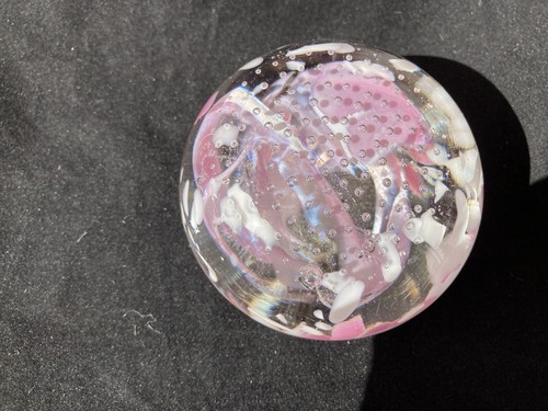 Vintage Clear Glass Paperweight Pink White Swirls Controlled Bubbles Signed Sam - Picture 8 of 12