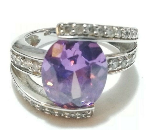 Bague En Zircone Cubique Violette Forme Géométrique - Plaqué Argent Sterling - Taille 54 (T7) - Neuf Avec étiquettes