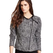 Love Stitch Tweed Blazer Faux Leather Trim Size Large Sz L Asymmetrical Zip New