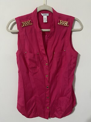 Cache Pink Button Up Tank Silk Stretch Spandex Gold Metal Accents Logo Small