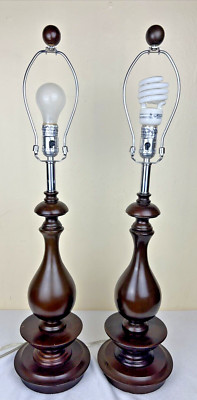 Pair of Turned Dark Wooden Table Lamps 30'' Working MCM Boho No Shades No Bulbs