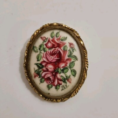 Vintage St. Martial Made In France Porcelain Limoges Brooch Signed RV Rose Bush!