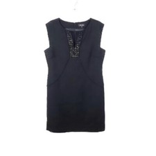 Tahari Arthur S. Levine Dress 12 Black Beaded Sleeveless Sheath Minimalist Midi