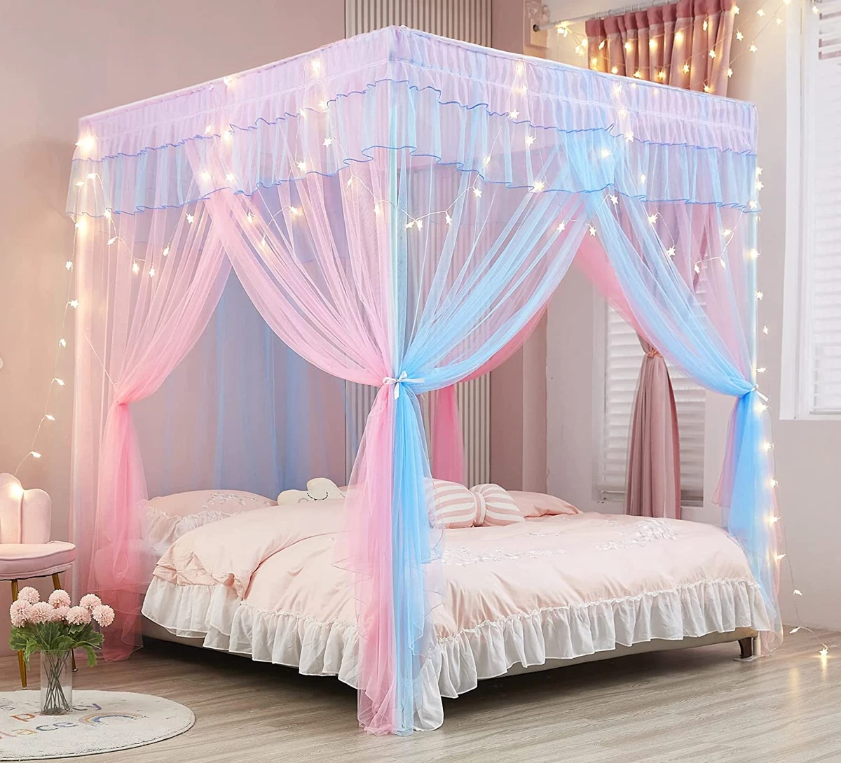 Canopy Bed Curtains with Lights Princess Bed Canopy for Girls Full Rainbow