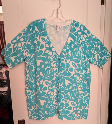 Denim & Co Sz 1X Elbow Turquoise/White Floral Button Front S/S Cardigan  A291639