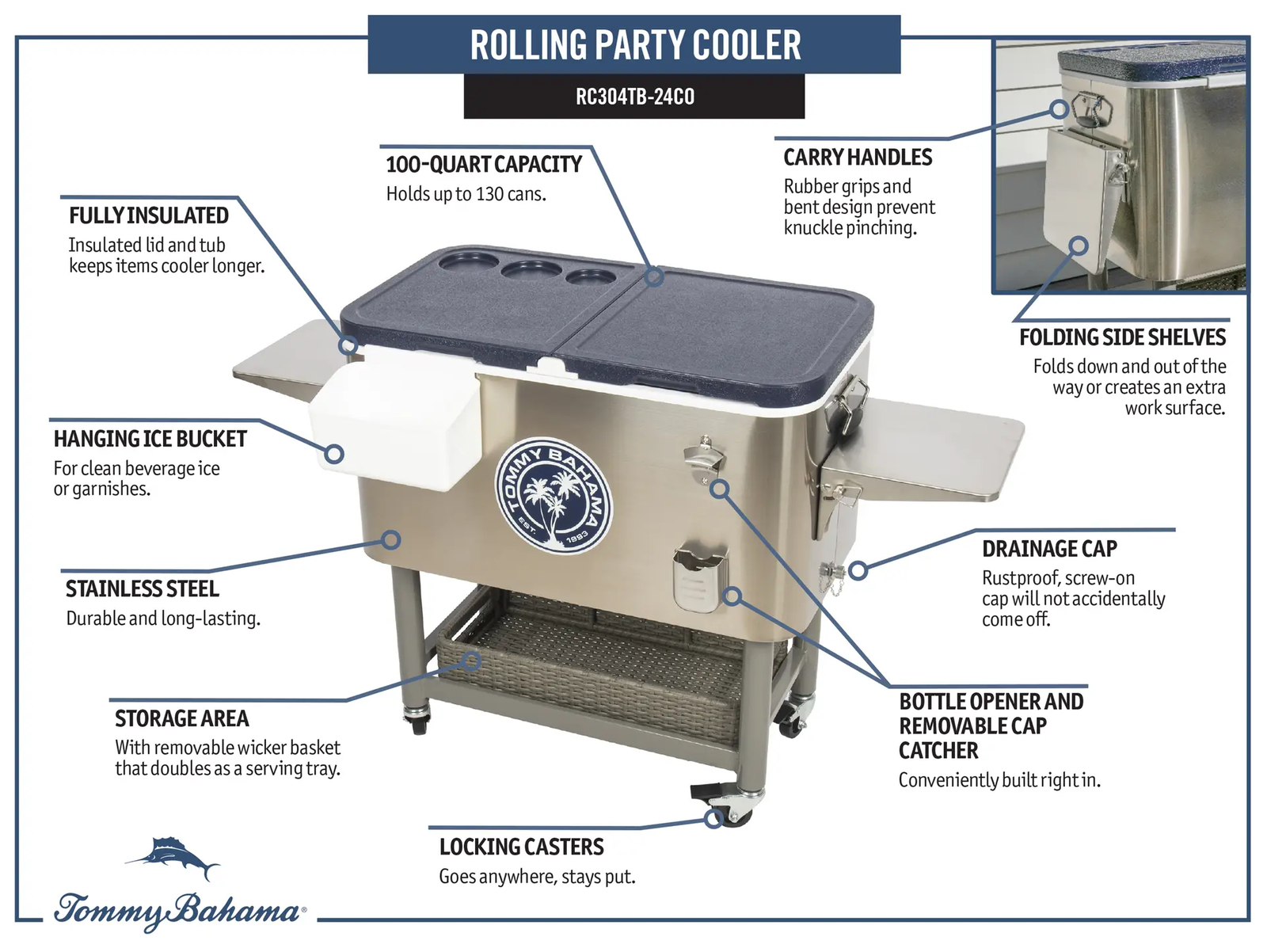 Tommy Bahama Stainless Rolling Beverage Cart Cooler100 Quart Ice Chest Patio NEW