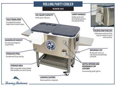 Tommy Bahama Stainless Rolling Beverage Cart Cooler100 Quart Ice