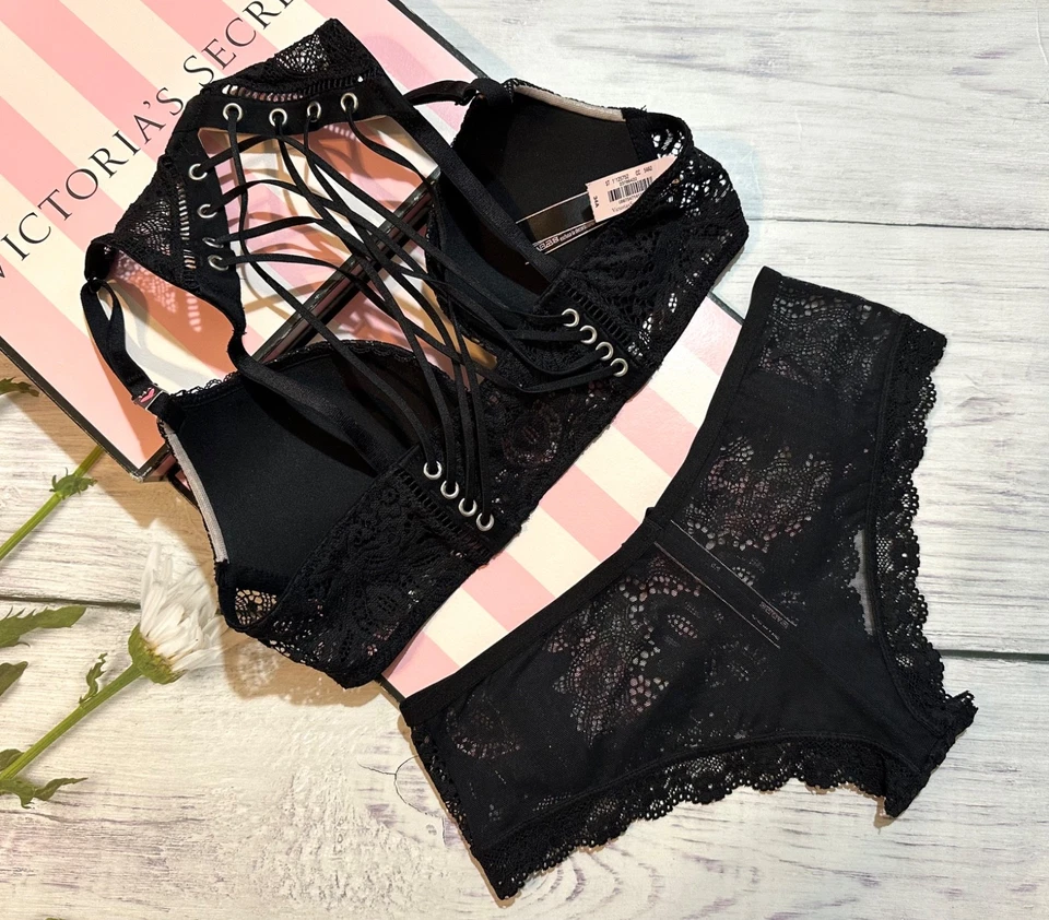 Victoria's Secret Front Close Racerback Bra Cheeky Set Strappy Lace Up 34A-M - Image 4 of 4