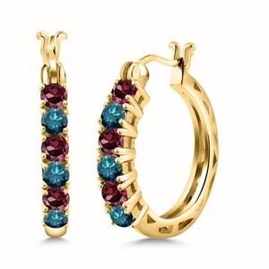 Authentic 18K Yellow Gold Plated Silver Rhodolite Garnet and Blue Diamond Hoop Earrings