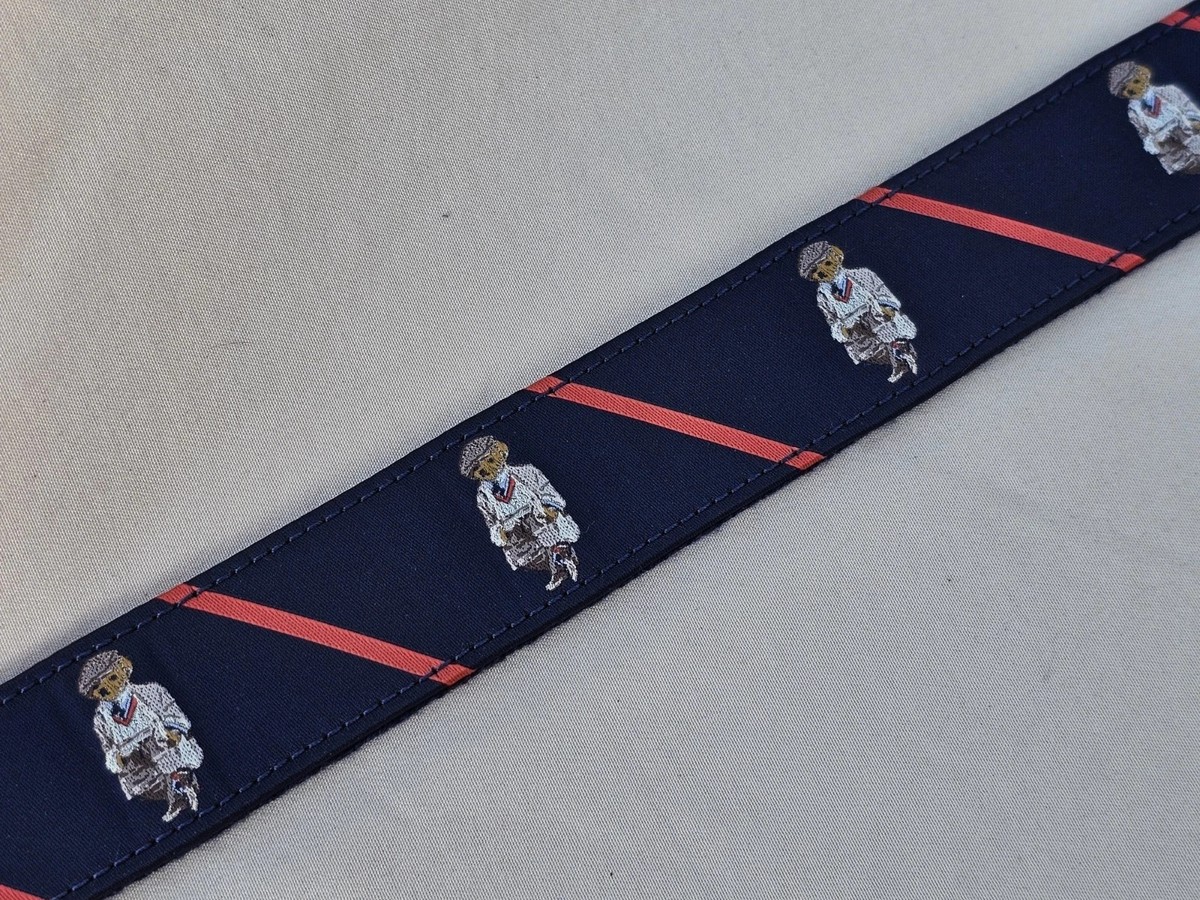 Polo Ralph Lauren ベアレザーと布の赤いベルト NWT Polo Ralph Lauren 42 Polo Bear Print Belt * Navy Blue & Red