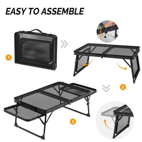 3ft Folding Camping Wire Mesh Table - Side Wings Adjustable Aluminum Frame Black - Picture 4 of 24