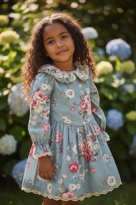 Vintage Le Maj Blue Pink Floral Cotton Toddler Dress Size 5 Made In USA