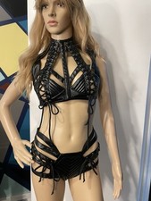 Black faux leather two-piece raver outfit Lingerie Cosplay Club Wear Dancewear