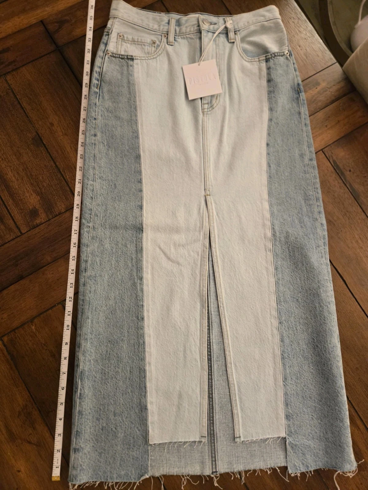 NWT Pistola Alice Denim High Rise Midi Skirt Size 26 Blue Jean Front Slit