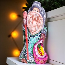 Statuina Babbo Natale in legno con sacco e bastone - arte natalizia dipinta a mano