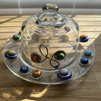 Vintage Cake Plate + Dome Wire Metal Colored Glass Bead Charms Dary Rees Jillery