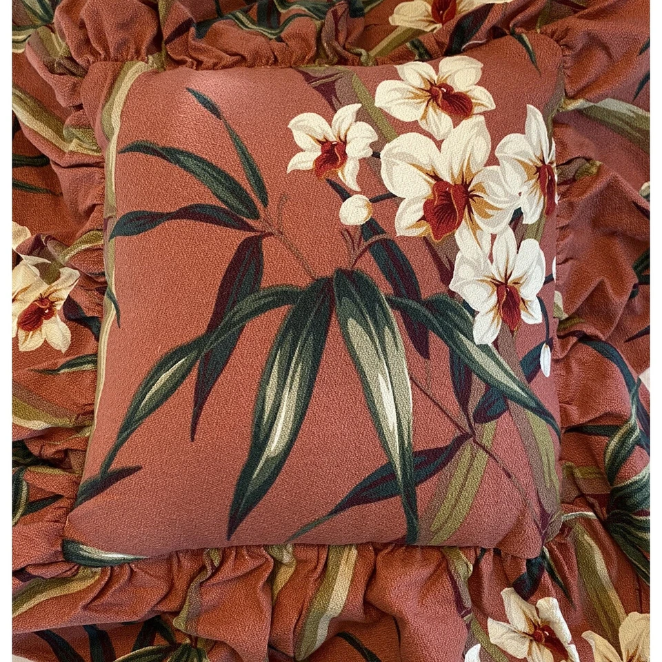 MCM Barkcloth Throw Pillow Decor Tropical White Orchid Design Billowy Fringe - Image 2 of 4