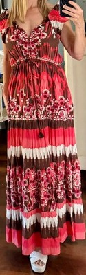 Figue Gianna Sleeveless Maxi Dress Small Ikat Embroidered-Beaded Red Coral  Brown | eBay