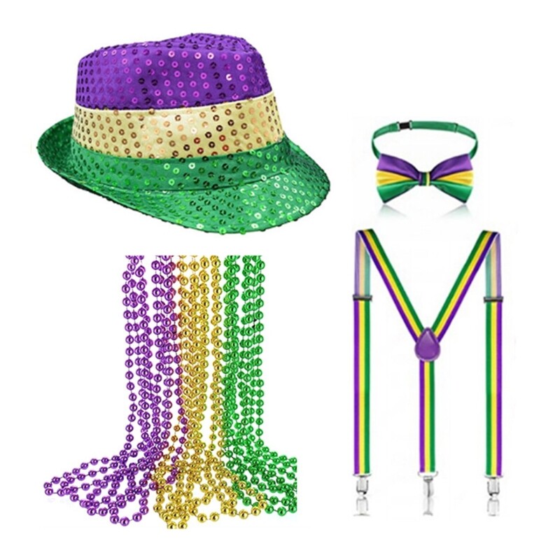 Glittering Fedora Hat Necktie Mardi Gras Festive Decoration Carnival Party Props-image