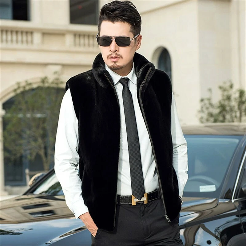 Mens Hooded Vest Winter Faux Mink Fur Waistcoat Sleeveless Jacket Business  Coats