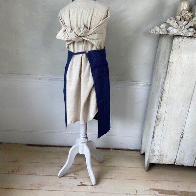 1930s Blue Chambray French Apron Pockets Long Farmhouse Kitchen 
