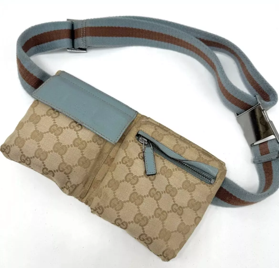 RARE!!!! Gucci Pochette Taille Sherry Line GG Toile Cuir Bleu
