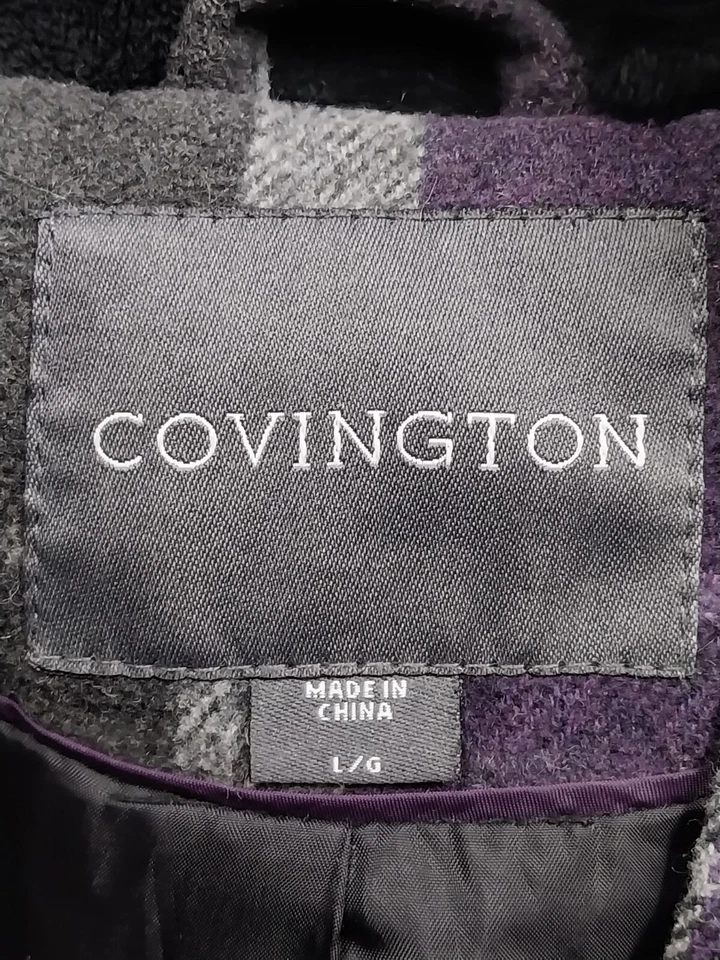 Chaqueta Covington de mezcla de lana a cuadros con capucha y cremallera para mujer grande abrigo negro púrpura Foto 3 de 4