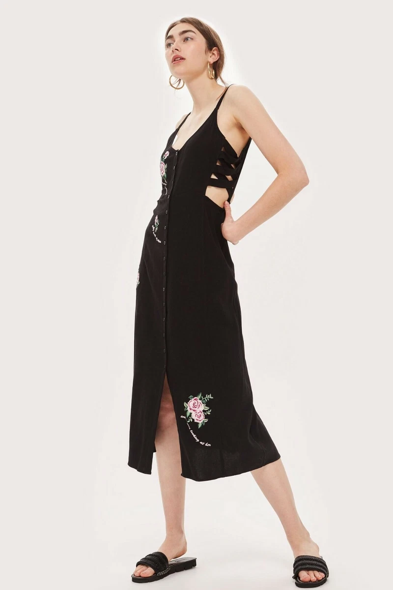 TOPSHOP Black Pink Floral Embroidered i love you more Cut Out Slip Tank Midi 4 S