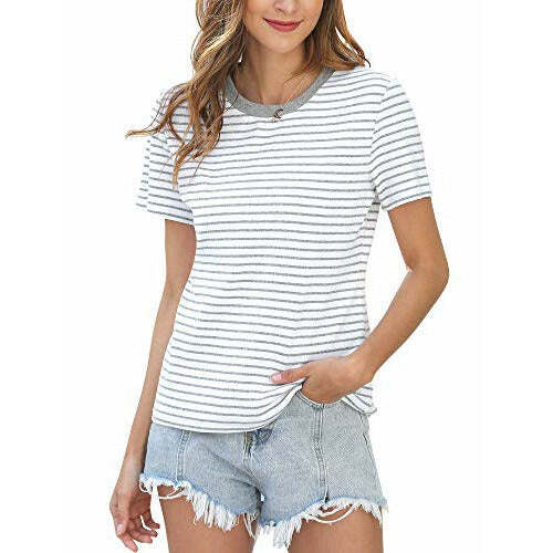 Mujeres Mangas Cortas A Rayas Camiseta Cuello Redondo Túnica Prendas para el torso Camisas Informales S-L - Imagen 5 de 7