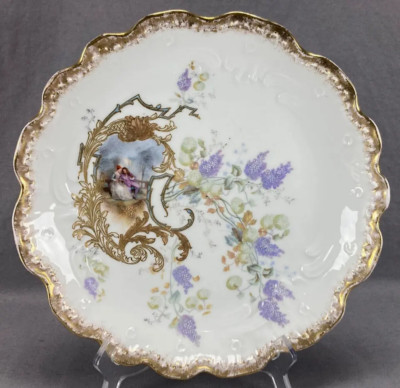 Limoges Watteau Scene Raised Gold Scrollwork & Purple Lilacs 12 Inch Charger
