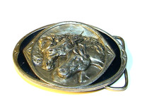 1983 Bergamot Brass Works Belt Buckle 3 Horses Blue Enamel Farm, Ranch, Cowboys