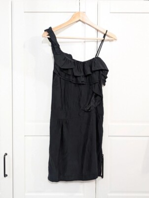 Sandro 100% Seide asymmetrisches Kleid Gr. 1 | FR 36 D34 Schwarz Noir Silk Soie