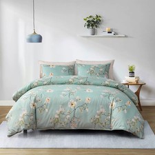 Green Floral Duvet Cover Set Queen Comforter Cover Full 90"x90" with Pillow S...
