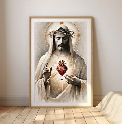 Sacred Heart of Christ Watercolor Minimalist Art  Inspirational Christian Wal...