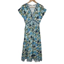 Bindu Aria Maxi Dress Womens XS White Blue Floral Pockets Cotton Resort Wear