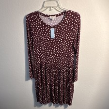 LOFT A-Line Dress Maroon White Polka Dot Long Sleeve Round Neck Short XS Petite
