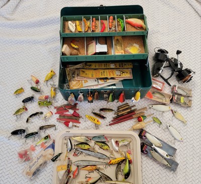 Vintage LOADED Tackle Box- 2 Mitchell 300 Reels, Heddon, Rebel, Smithwick &  MORE | eBay