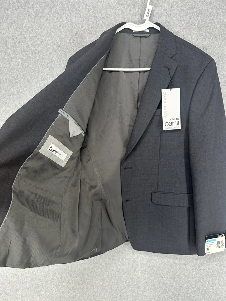 Traje BAR III Para Hombre Talla 40S 33x32 Carbón Sólido Calce Ajustado Elástico 2 Piezas ¡DEFECTOS! Foto 2 de 4