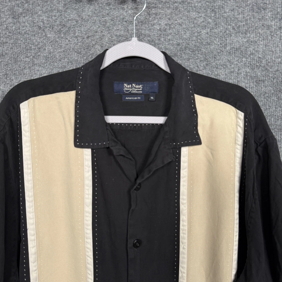 Nat Nast Mens Size XL American Fit Button Up Shirt Black Sand White Silk - Image 3 of 4