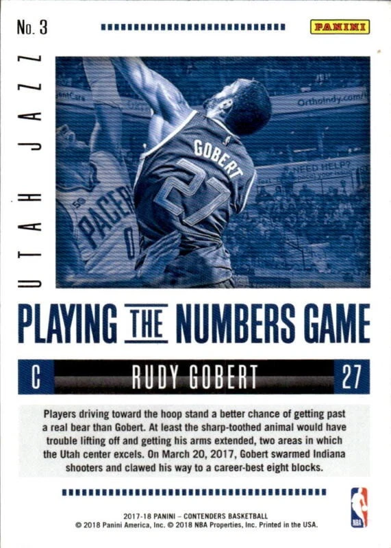 2017 PANINI CONTENDERS RUDY GOBERT 3 MINT PLAYING THE NUMBERS GAME UTAH JAZZ - Image 2 of 2