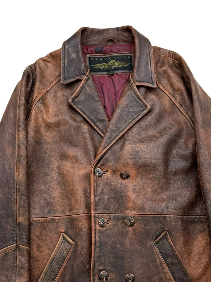 VTG Structure Brown Distressed Leather Peacoat Jacket Men's M - Fits L/XL - Read - Image 4 of 4