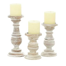 Pillar Candle Holder - White-Washed Cream Mango Wood - Turned Style (Set of 3)