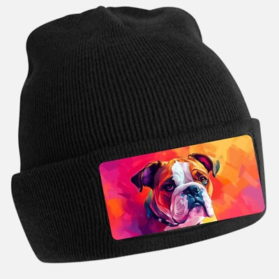 Black Cool Bulldog Print Beanie Hat - Unisex Cap, Cotton