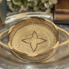 Vintage Seagrass Woven Double Handled Basket Brow Tan Two Tone 12.5”