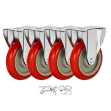 4 Pack 5" Rigid Fixed Polyurethane Red Non Swivel Caster Wheels w/ Hardware