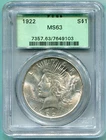 1922 ( 1922-P ) PEACE SILVER DOLLAR  S$1 PCGS MS63 MS-63 Old Green Holder OGH !!