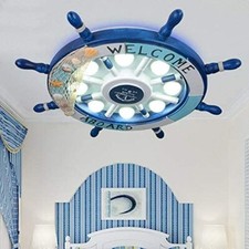 Nautical Blue Ship Wheel Flush Mount Light Ceiling Lamp Children Room Fixture